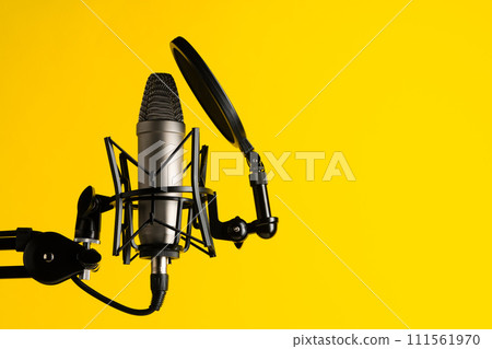Professional microphone stand over yellow studio background 111561970