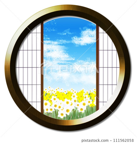 A landscape with a daffodil field seen from the round window A landscape with a daffodil field seen from the round window 111562058