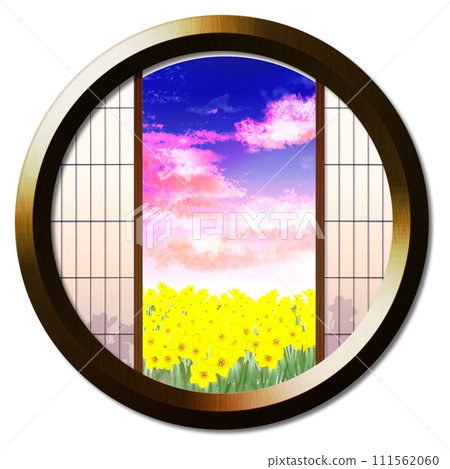 Scenery with yellow daffodils colored in the sunset seen from the round window Scenery with yellow daffodils colored in the sunset seen from the round window 111562060