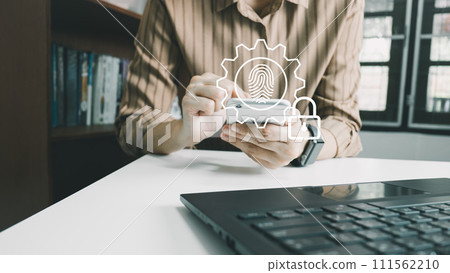 Verification of information with fingerprint scanner,2 factor authentication, high security for login access information, Internet security, online financial transaction, 2-step verify 111562210