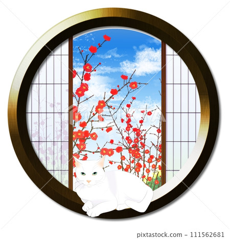 Red wax plum and cat seen from the round window 111562681