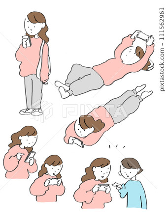 Set illustration of a woman looking at her smartphone Lifestyle Set illustration of a woman looking at her smartphone Lifestyle 111562961