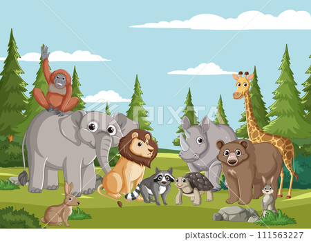 Joyful Animals in a Forest Clearing Joyful Animals in a Forest Clearing 111563227