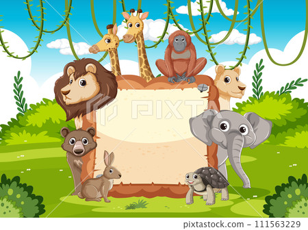 Jungle Friends Gathering Around Sign 111563229