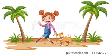 Joyful Girl and Dog on Tropical Beach 111563278