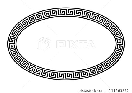 Oval meander frame with seamless Greek key pattern. Decorative border with Greek fret motif, constructed from continuous lines, and shaped into a repeated motif. Isolated black and white illustration. Oval meander frame with seamless Greek key pattern. Decorative border with Greek fret motif, constructed from continuous lines, and shaped into a repeated motif. Isolated black and white illustration. 111563282