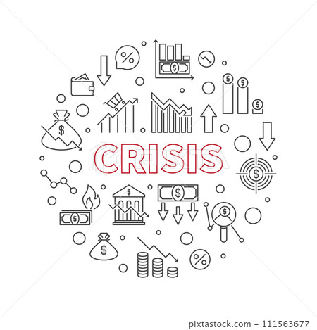 Crisis vector round simple banner in outline style - Economy Recession illustration 111563677