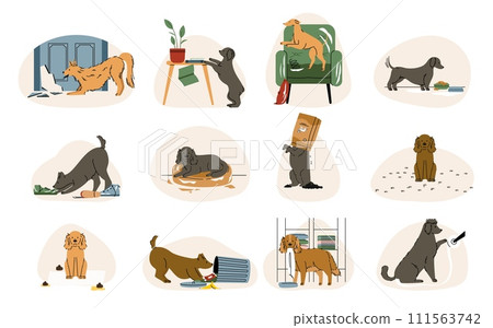 Dogs making mess. Cartoon naughty puppies destroying and damaging home territory, pet doggy behavior and mood concept. Vector isolated set Dogs making mess. Cartoon naughty puppies destroying and damaging home territory, pet doggy behavior and mood concept. Vector isolated set 111563742