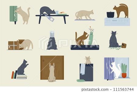 Naughty cat behavior. Cartoon kitten characters playing, scratching, destroying, doing funny mischief. Vector funny home pets collection 111563744