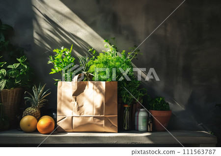 Craft brown shopping paper bag on blue background with soft Sfumato lightening. 111563787