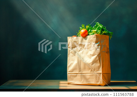 Craft brown shopping paper bag on blue background with soft Sfumato lightening. Craft brown shopping paper bag on blue background with soft Sfumato lightening. 111563788