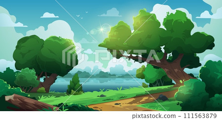 Rural landscape with shrubs. Summer panorama with grassfield and bushes, idyllic countryside with distant trees and grass. Vector illustration Rural landscape with shrubs. Summer panorama with grassfield and bushes, idyllic countryside with distant trees and grass. Vector illustration 111563879