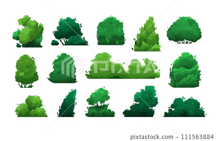 Cartoon bushes. Green shrubs and trees for garden, hedge and field, floristic decorative elements in flat style. Vector isolated set 111563884