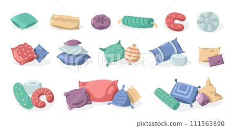 Cartoon colored pillows. Blank flat bed textile for interior design, colorful soft orthopedic cushion for bedroom rest and relaxation. Vector set 111563890