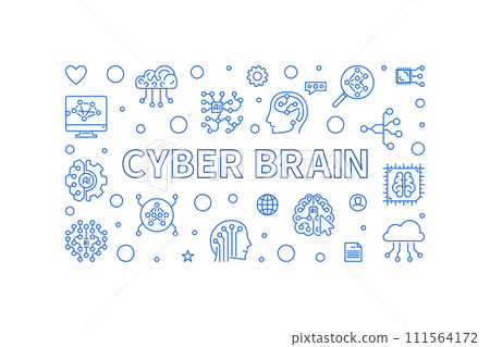 Cyber Brain concept vector horizontal simple outline banner 111564172