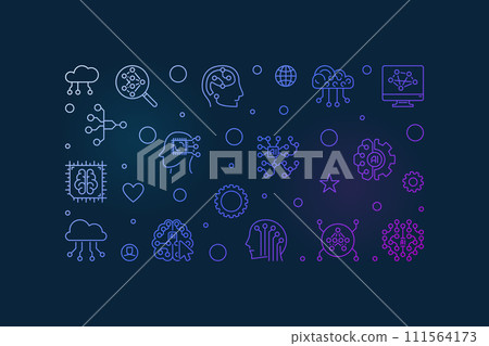 Cyber Brain and Artificial Intelligence line colorful banner. Vector AI horizontal illustration 111564173