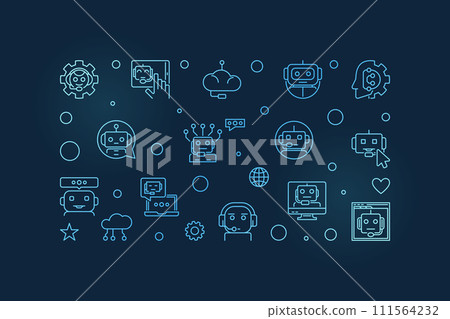 Virtual Assistant or ChatBot Technology blue outline horizontal banner. Chatbot vector illustration 111564232