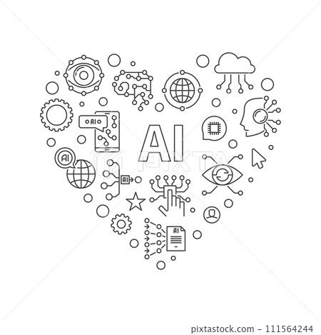 AI Heart thin line banner. Vector I Love Artificial intelligence Technology concept illustration 111564244