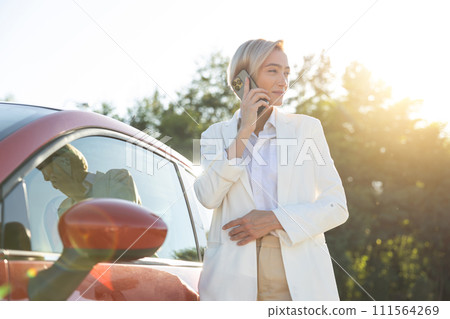 Business woman communicating on mobile phone standing near her auto door outdoors 111564269