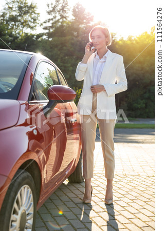 Business woman communicating on mobile phone standing near her auto door outdoors Business woman communicating on mobile phone standing near her auto door outdoors 111564276