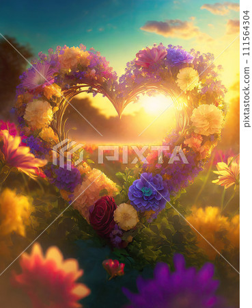 Heart symbol made of colorful flowers in a blooming meadow at sunrise. Love and romance concept as background for Valentines day 111564304