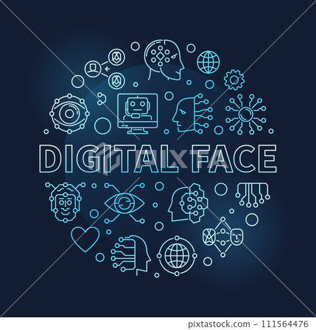 Digital Face concept line round vector blue banner - AI Bot Technology illustration Digital Face concept line round vector blue banner - AI Bot Technology illustration 111564476