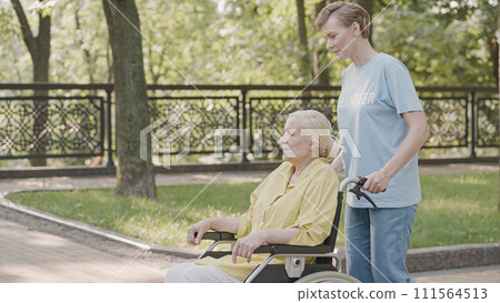 Young female volunteer pushing wheelchair, taking care of senior woman with disability, support 111564513