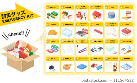 以等距樣式繪製的防災物品檢查表 以等距樣式繪製的防災物品檢查表 111564538