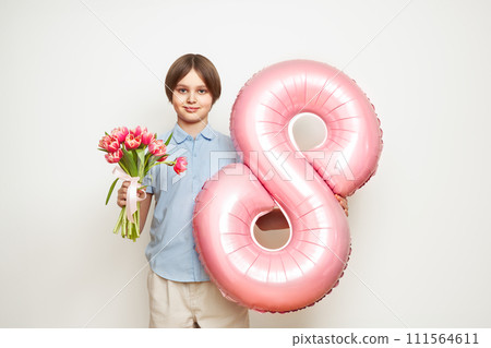 Happy child with Tulips bouquet and balloon number 8 Happy child with Tulips bouquet and balloon number 8 111564611