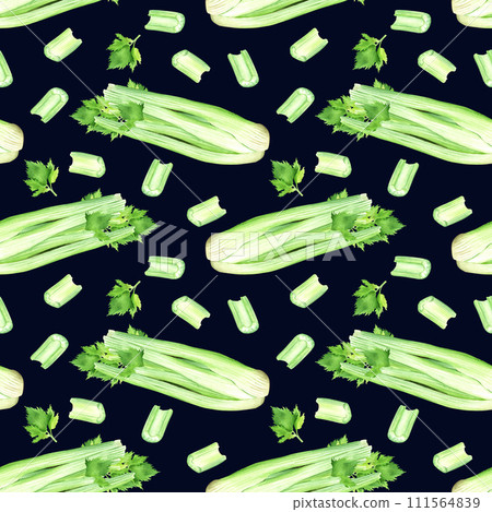Watercolor seamless repeat pattern with green vegetable celery. Hand drawn food illustration. For wrapping wallpaper fabric textile Watercolor seamless repeat pattern with green vegetable celery. Hand drawn food illustration. For wrapping wallpaper fabric textile 111564839