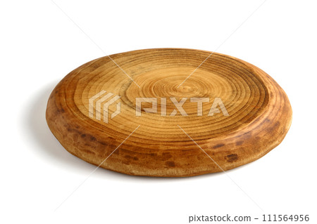 Wooden board stand of irregular shape isolated on white background. High angle view with copy space 111564956