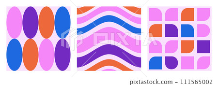 Naive playful abstract shapes in trendy Brutal style seamless pattern set. Minimalistic Primitive Swiss design. Geometric Bauhaus print for poster, T-shirt. Vector illustration. Naive playful abstract shapes in trendy Brutal style seamless pattern set. Minimalistic Primitive Swiss design. Geometric Bauhaus print for poster, T-shirt. Vector illustration. 111565002