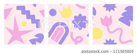 Cool Brutalism Seamless pattern set. Naive playful pastel color shapes in trendy brutalist style. Brutal contemporary figure. Swiss design Geometric background for poster, T-shirt. Cool Brutalism Seamless pattern set. Naive playful pastel color shapes in trendy brutalist style. Brutal contemporary figure. Swiss design Geometric background for poster, T-shirt. 111565005