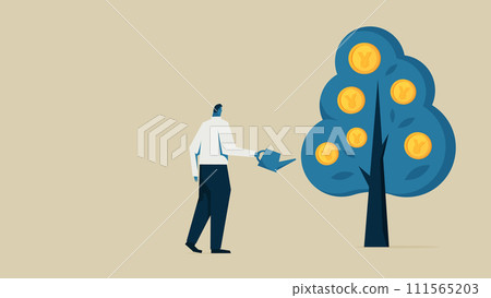 A man watering a tree that grows yen coins to make them grow 111565203