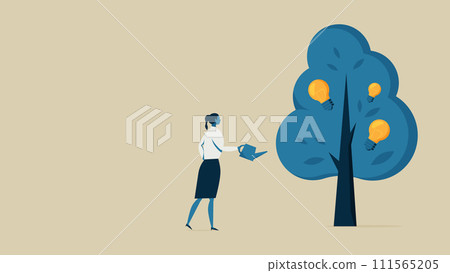 A woman watering a light bulb tree to make it grow 111565205