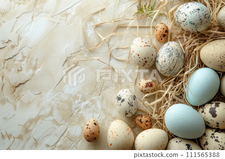 Assorted speckled Easter eggs nestled on a straw bed over a textured cream backdrop Assorted speckled Easter eggs nestled on a straw bed over a textured cream backdrop 111565388