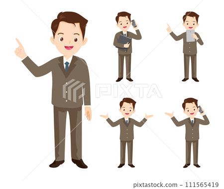 business man or office worker character with various poses, face emotions and gestures. Talking on the phone ,present,point business man or office worker character with various poses, face emotions and gestures. Talking on the phone ,present,point 111565419