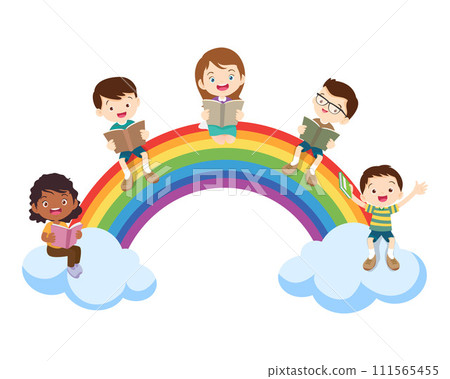 Boy and girls learning.children reading on rainbow.  Back to School. kids education 111565455