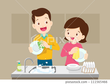 Husband and Wife washing dishes at home Husband and Wife washing dishes at home 111565466