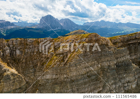 Majestic Mountain Range Seceda View From Summit in good summer day Majestic Mountain Range Seceda View From Summit in good summer day 111565486