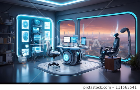 AI-generated content. Advanced Control Room Overlooking Urban Sunset, AI Generated 111565541