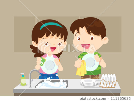 happy cute little boy and girl washing dish together happy cute little boy and girl washing dish together 111565625