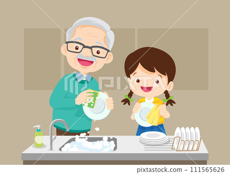 Happy kid helping family washing dishes at home Happy kid helping family washing dishes at home 111565626