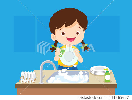 little kids washing the dishes in kitchen little kids washing the dishes in kitchen 111565627