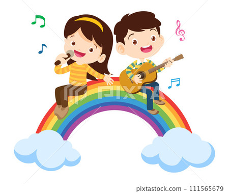 Play music concept of children group on rainbow 111565679