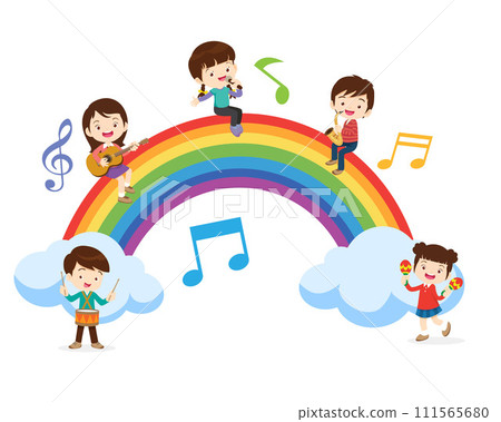 Play music concept of children group on rainbow 111565680