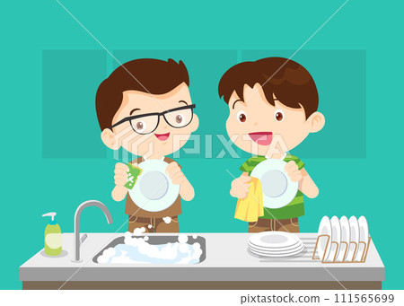happy cute little boy and girl washing dish together 111565699