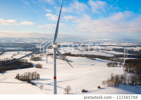 The wind turbines in a winter field at sunset.  111565788