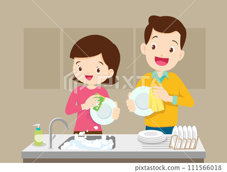 Husband and Wife washing dishes at home Husband and Wife washing dishes at home 111566018