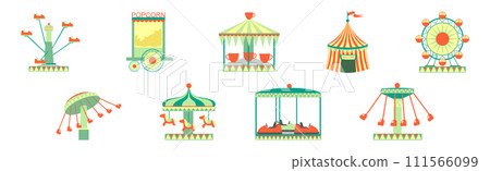 Fairground with Tent, Popcorn Stall and Carousel Vector Set 111566099